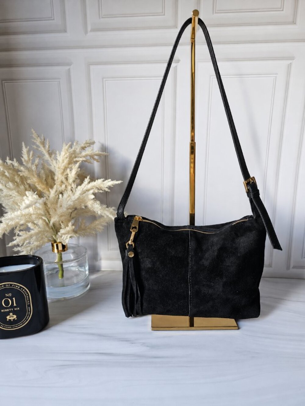 Black Suede Shoulder Bag, Italian Leather Purse, Short Strap